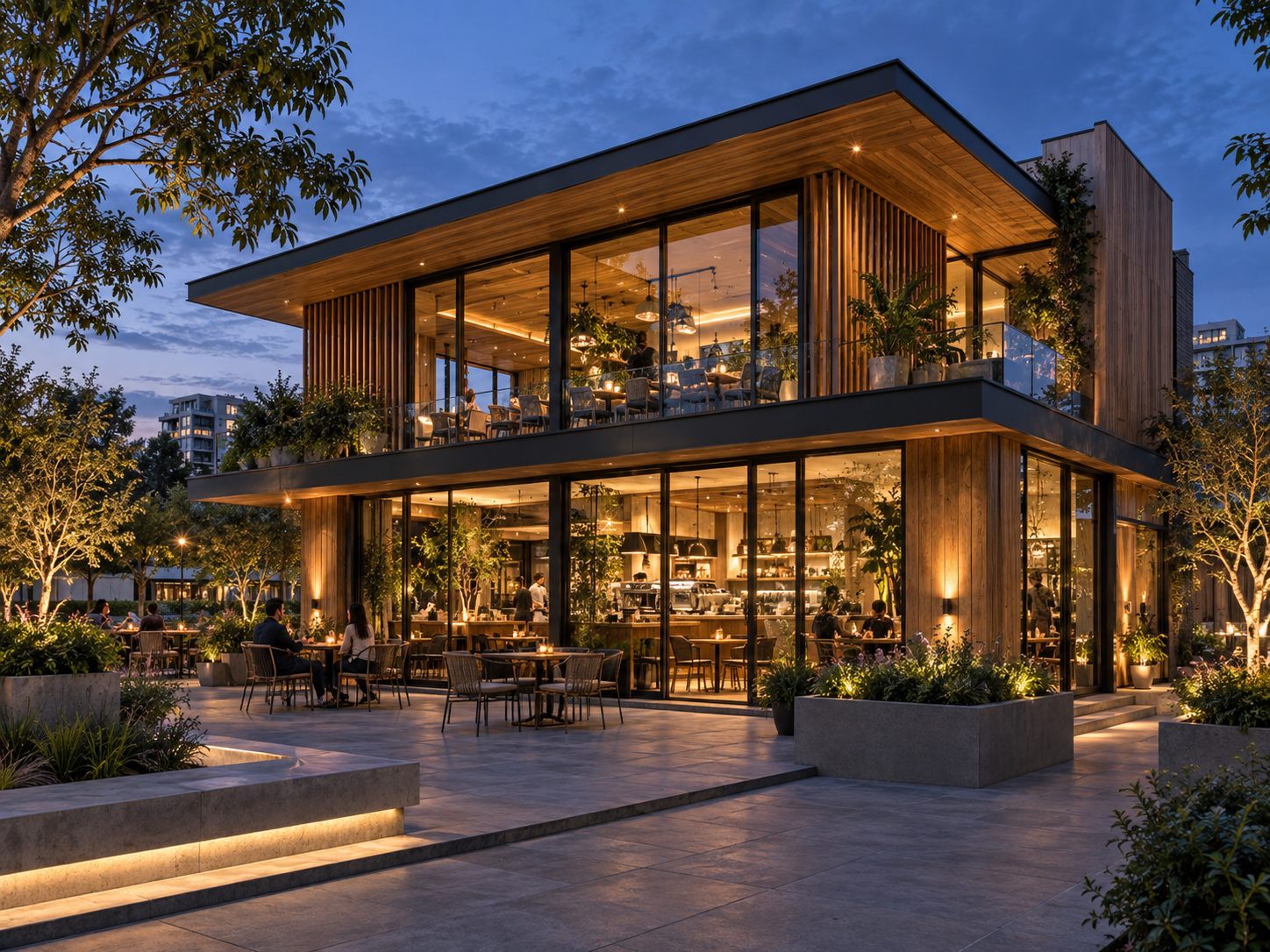 Quán cà phê 2 tầng gỗ và kính