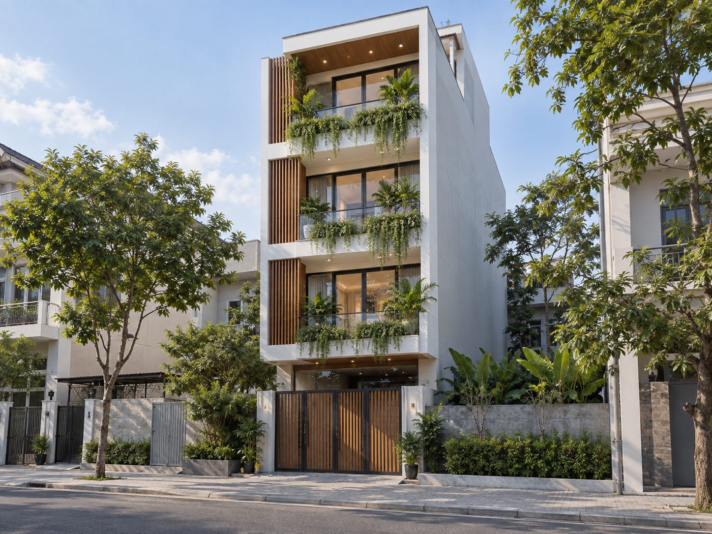 Nhà phố 4 tầng hiện đại lam gỗ